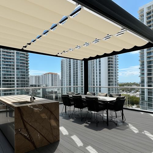 INFRANGE 7' x 12' Retractable Wave Sun Shade Sail Outdoor Pergola Canopy Cover Shade Cloth Awning for Patio Porch Garden Backyard, Beige