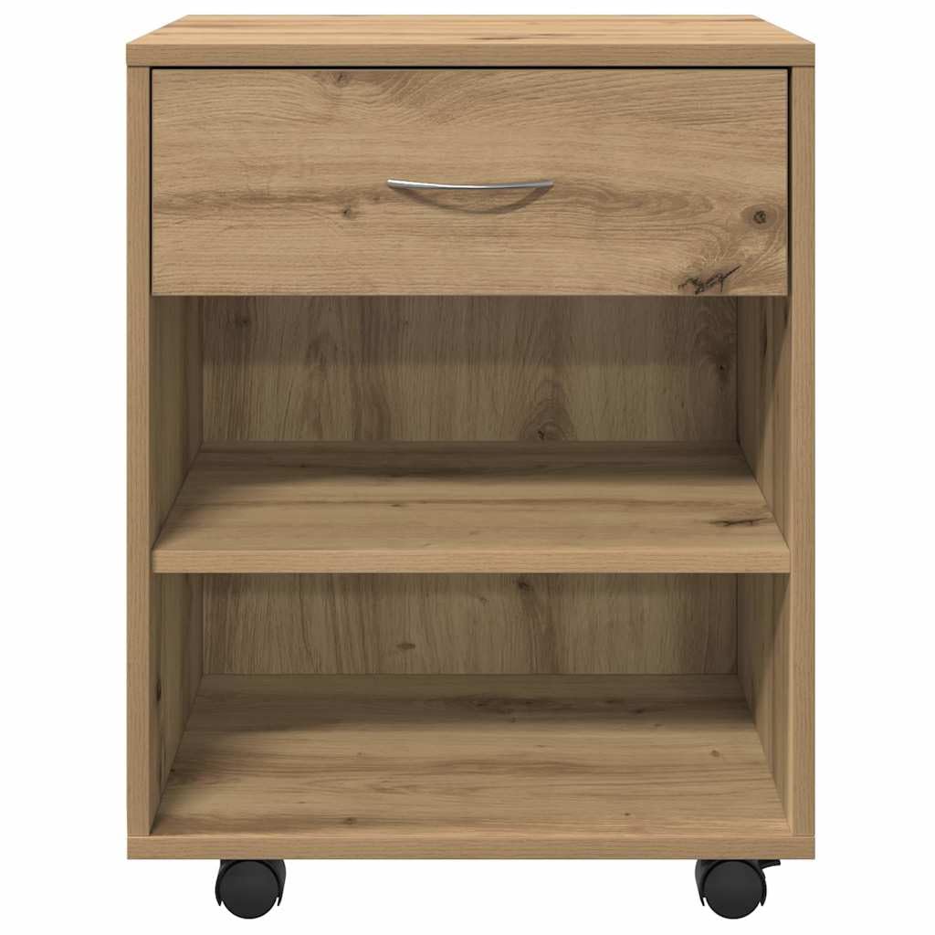 Caisson à roulettes en chêne artisanal, 46 x 36 x 59 cm, en bois avec tiroir et compartiments ouverts, espace de rangement pour bureau et salon, armoire d'appoint avec roulettes verrouillables