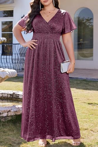 Image of Talisea Plus Size Formal Dresses - V Neck Flutter Sleeve Glitter Prom Evening Gowns Wedding Guest Chiffon Long Maxi Dress