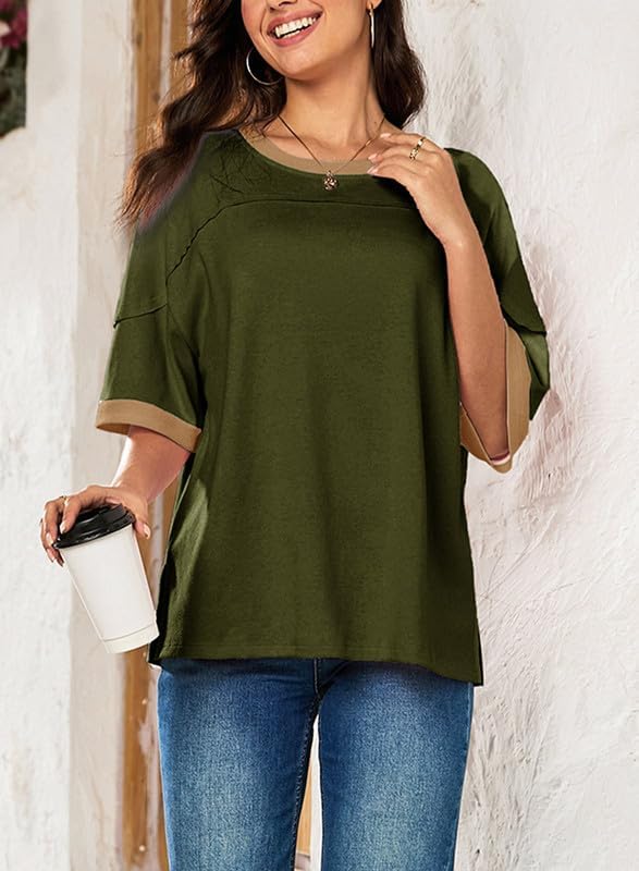 Dokotoo Summer Tops for Women 2026 Loose Oversized T Shirts Crewneck Color Block Side Slits Basic Tee Blouses - Image 3