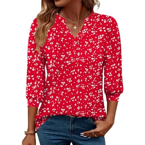 Rapbin 3/4 Length Sleeve Womens Tops 2025 Summer Fall Henley V Neck Button Down Tunic Shirts Casual Business Blouses