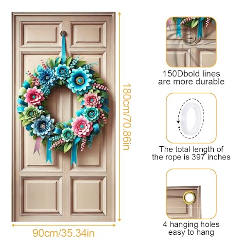 Image of Teal Pink Floral Ring Door Cover 35x71in Spring Bloom