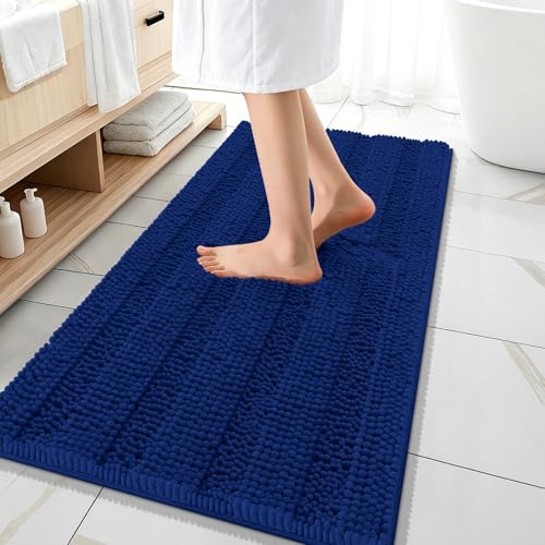 Image of OLANLY Thick Bathroom Runner Rugs 47x20, Extra Absorbent Chenille Striped Bath Rugs, Rubber Backing, Machine Wash Dry, Long Bath Mats for Bathroom Floor, Tub and Shower, Home Decor Accessories, Navy