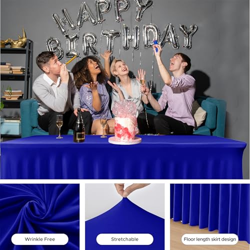 Image of HolidayIdeas Royal Blue Spandex Table Skirts for Rectangle Tables 6ft, Fitted Stretch Table Cover 30x72 Inch, Wrinkle-Free Ruffle Design Tablecloths for Banquets,Trade Shows, Parties, Events, 2 Pack