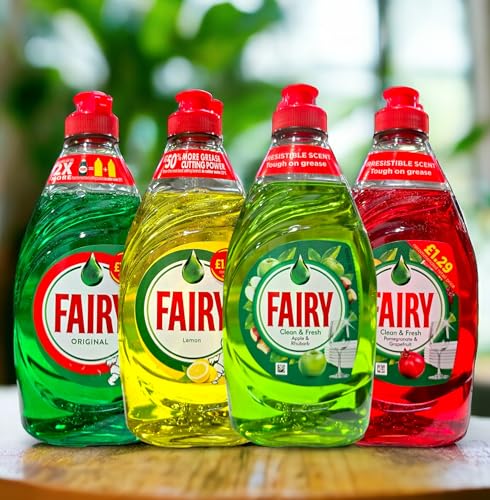 Krishna Stores Limited Fairy Washing Up Liquid 4 x 320 ml - Apple & Rhubarb, Pomegranat Grapefruit, Original, Lemon (4 pack bundle)