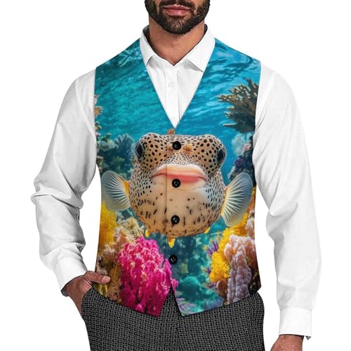 Puffer Fish Coral Fish Men's Suit Vests Dress Vest V-Neck Waistcoat Slim Business Formal with Pocket