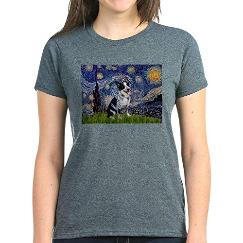 CafePress Starry Night Aussie Cattle Dog Women's Dark T Shir Womens Cotton T-Shirt Charcoal Heather