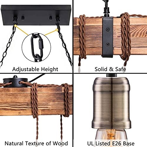 Pynsseu Industrial Kitchen Island Pendant Light with 8 E26 Bulb Sockets, Rustic Black and Brown Wood Hanging Pendant Lighting Fixture for Home Hanging Decor