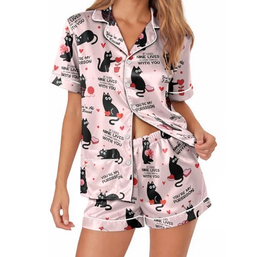 Image of Women's satin pajamas set, Short-sleeve button down Loungewear
