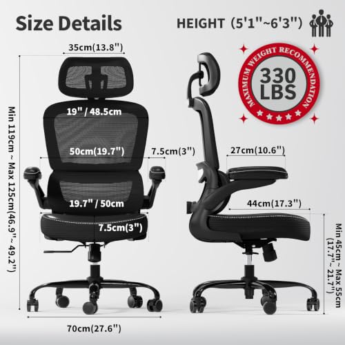 Image of TRALT Ergonomic Office Chair - Desk Chair with Adjustable Headrest Lumbar Support Computer Chair - Mesh Comfy Chair with Flip-up Armrests - Gaming Chairs for Adults Home Office (Leather, Black)