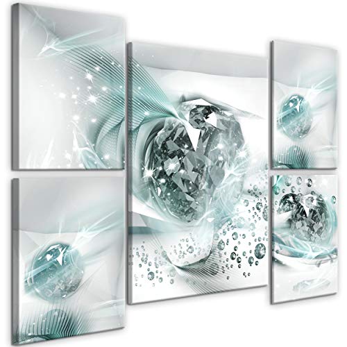 decomonkey Cuadro Lienzo Abstracto 110x80 cm 5 piezas Impresión Decoración Cuadro De Pared Material Tejido no Tejido Gráfica Foto Salon Diamantes Turquesa Blanco Moderno Geométrico Gris Arte Cover