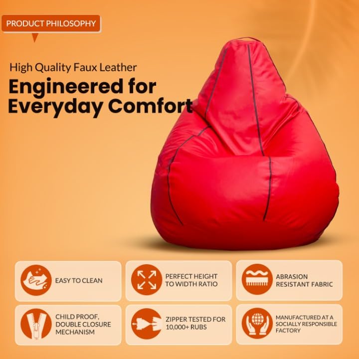 Image of Sattva Classic Piping XXXL Bean Bag with Pocket Filled with Beans | Faux Leather Teardrop Bean Bag for Adults & Teens | Pre-Filled Comfortable Seating for Bedroom, Living Room - Red with Black Piping