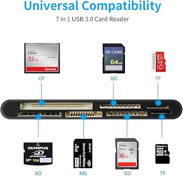 USB 3.0 SD Card Reader, TF Card Reader Adapter SD/TF/CF/XD/MS 7 in 1 Micro SD Card Reader Hub for SD SDXC SDHC CF CFI TF Micro SD Micro SDXC Micro SDHC MS MMC UHS-I Cards for Mac Windows Linux