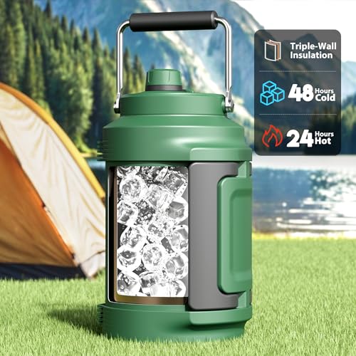 Image of 1 Gallon Insulated Water Bottle for Hiking: Meoky 128 oz Triple Wall Vacuum Stainless Steel Metal Water Jug - Top and Side Handles, Cold for 48 Hrs, 2-in-1 Straw and Spout Lid, Leakproof for Gym (Fir)
