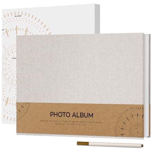 Vienrose Álbum de Fotos Autoadhesivo para Fotos 10x15, Pequeño Álbum de Recortes de Lino 60 Páginas Blancas DIY Libro de Recortes con Bolígrafo de Metal, 21,5x30 cm Beige