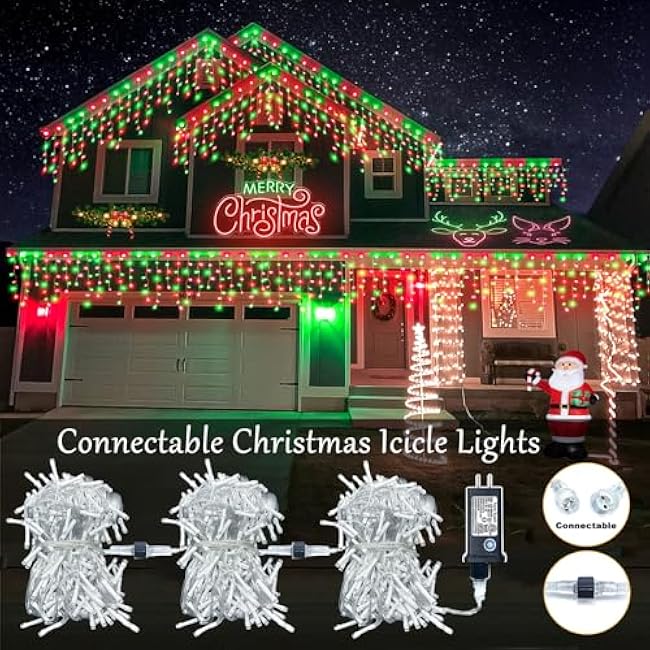 66ft Red and Green Christmas Lights Outdoor, 640 LED Icicle Lights for Outside, Plug in Twinkle Lights Indoor with 8 Modes Timer Waterproof for House Yard Eave Patio Wedding Party Holiday Decoration