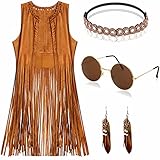 Lo que obtendrás: este juego de accesorios de disfraz hippie incluye 1 chaleco hippie sin mangas con flecos, 1 par de aretes de plumas bohemias, 1 diadema bohemia de Halloween y 1 par de gafas de sol vintage. Todo este juego de disfraz hippie de los años 60 y 70 para mujer es el compañero perfecto para tus botas Gogo, añadirá a tu aspecto hippy para las próximas fiestas temáticas de los años 60 o 70 y 80.