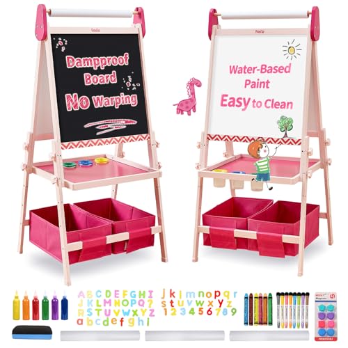 FUNLIO Anti-Warping Kids Art Easel, 3 Height Adjustable for Kids Aged 2-8, All-in-One Toddler Easel with Paper Roll & Erasable Frame, Standing Easel with Magnetic Chalkboard/Whiteboard (Pink)