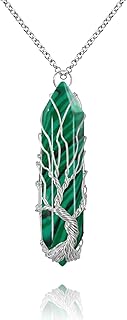 VIBILIA Healing Crystal Necklace Tree of Life Wire Wrapped Malachite Stone Point Pendant Necklace Hexagonal Reiki Spiritual Quartz Gemstone Jewelry for Women Men - Silver