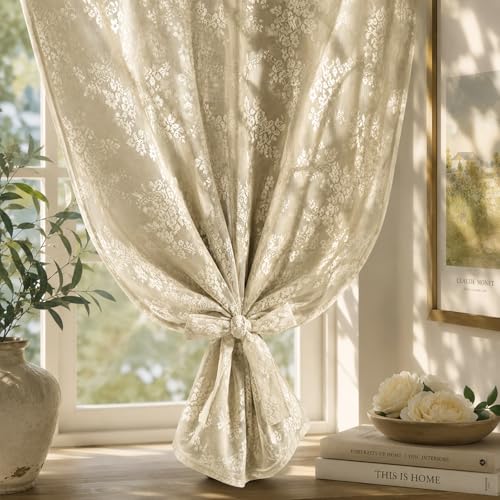 Image of Yinhua Double Layer Kitchen Curtains 36 Inch Length Beige Blackout Curtains for Kitchen Rod Pocket Short Curtain for Windows, Small Window Curtain for Bathroom, Living Room, 2 Panels