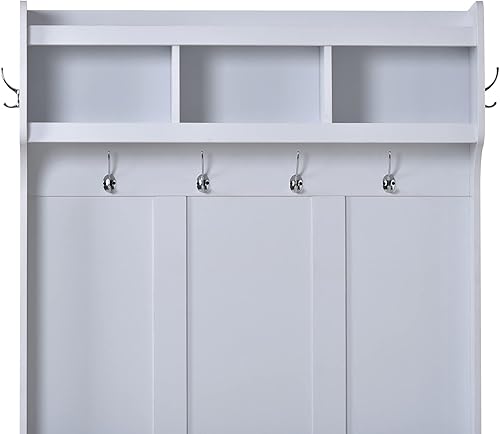 Miniatura 5 de Árbol de pasillo con 6 ganchos estilo moderno 3 en 1 múltiples funciones perchero con banco de zapatos banco de entrada árbol de pasillo con amplios