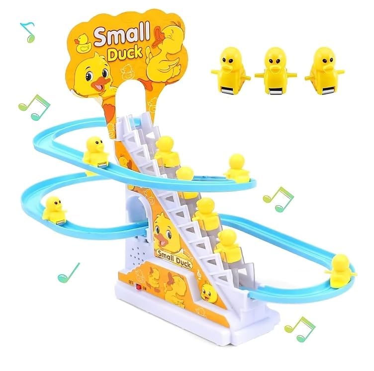 Image of Kidoyz Singing Duck Slide Toy for Kids - 3 Climbing Ducks with Automatic Stair Escalator Track, Flashing LED Lights & Music, Roller Coaster Duckling Toy for Toddlers 1 2 3 Year Old (Battery Operated)
