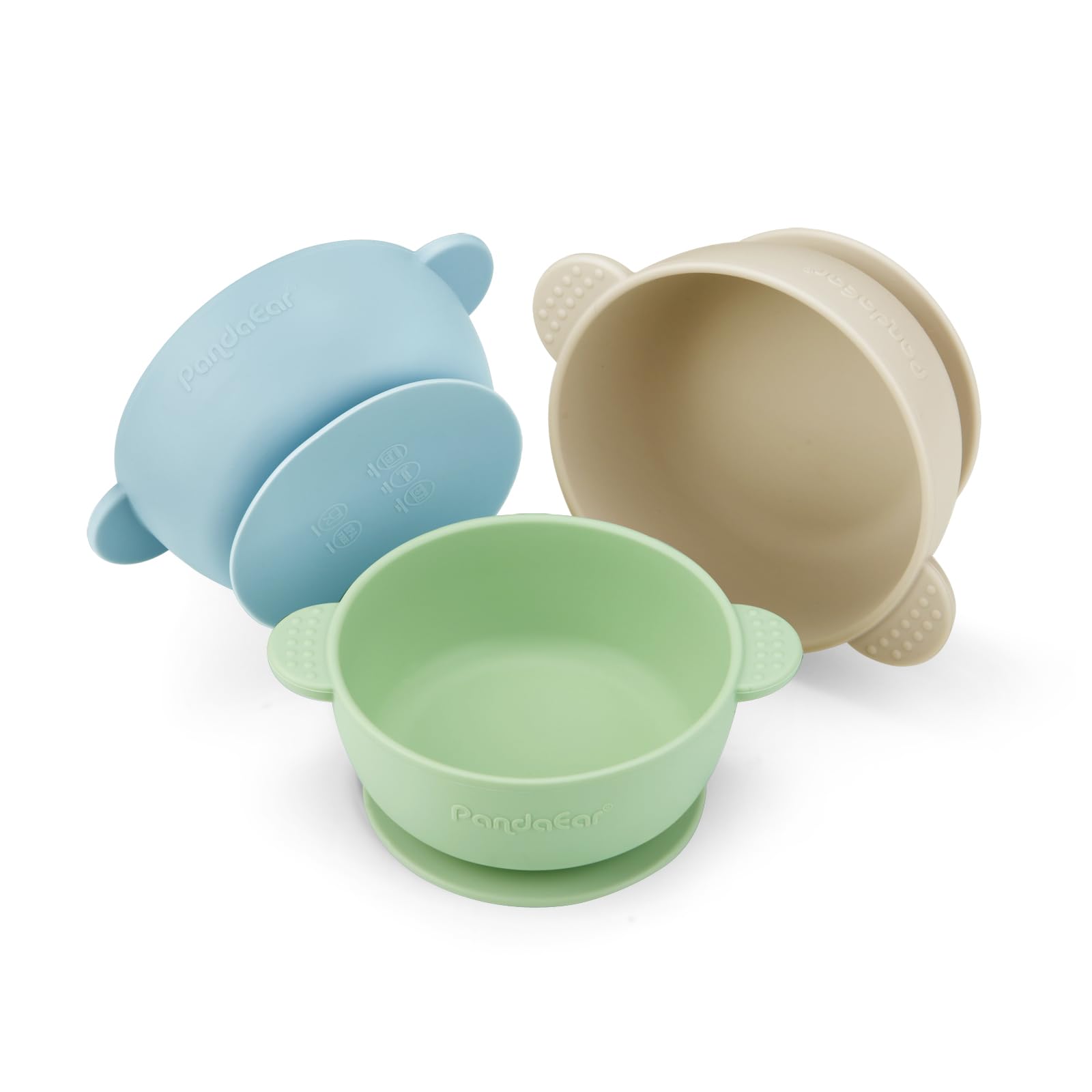 PandaEar 3 Pack Silicone Baby Bowls with Suction - Stay Put Food Feeding Bowls for Babies & Toddlers - Soft, Safe, BPA-Free (Blue Green Linen)