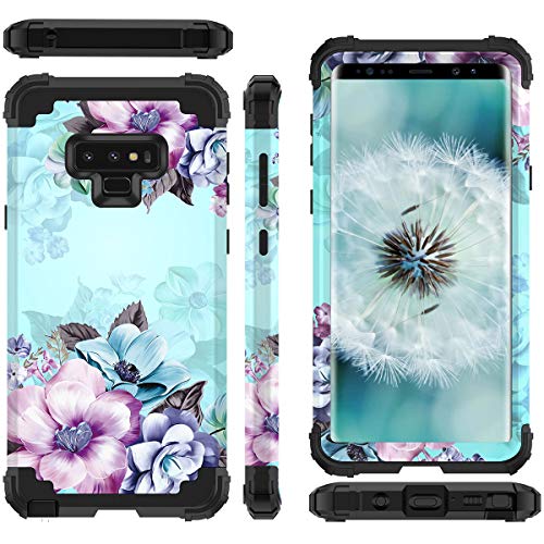 Casetego Compatible Galaxy Note 9 Case,Floral Three Layer Heavy Duty Hybrid Sturdy Armor Shockproof Full Body Protective Cover Case for Samsung Galaxy Note 9-Blue Flower