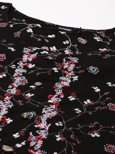 Image of SHOWOFFFF Women Printed Straight Fusion Kurta | Round Neck 3 /4th Sleeves Cotton Kurta for Womens | Regular Fit Calf Length Kurta for Women's