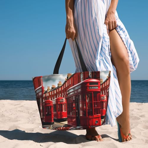 Red London Street Print Large Waterproof Beach Bag For Women With Zipper And Pockets For Travel Vacation 6