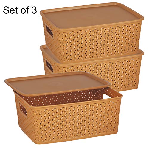 Image of Ski Homeware H5 Fashion Multipurpose Storage Basket With Lid Use for Kitchen, Vegetables, Toys, Books, Office, Stationery, Utility, Cosmetics, Accessories, Closet, Wardrobe Set 3 (Large, Light Brown)