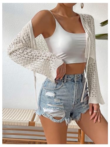 GORGLITTER Women's Crochet Tie Front Tops Bell Long Sleeve Cropped Cardigan Summer Beach Festival Boho Tops 20254