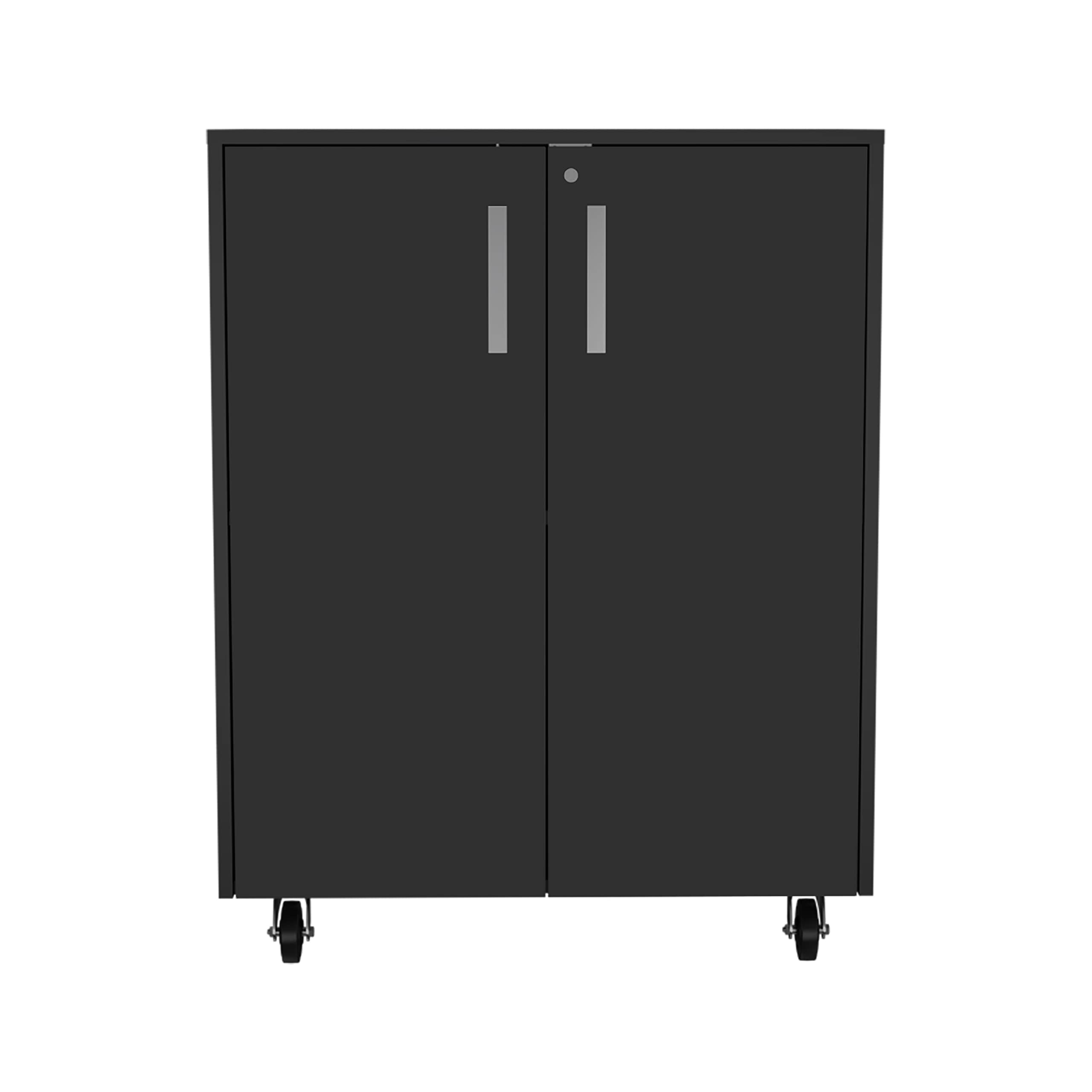 FM FURNITURE Lewis Double Storage Cabinet with 4 Casters, Metal Handles, and 2 Interior Shelves, Black