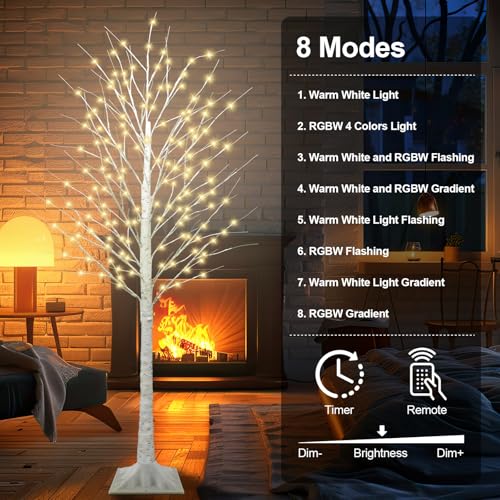 TiYiViRi 7FT Lighted Birch Tree with 170 LEDs Warm White and Multicolor Lights, 8 Functions Remote Faux Light Up Twig Christmas Tree with Lights for Indoor Outdoor Xmas Holiday Party Decoration — view 3