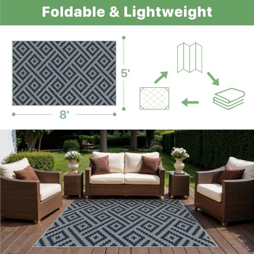 Image of GENIMO Outdoor Rug, Waterproof Plastic Rugs for Patio, 5'x8' Cloud Blue | Outside Larger Modern Carpet Mat for Porch Decor, Deck, Balcony, Camping, RV, Backyard, Picnic, Beach, Reversible, Foldable