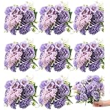 Zeyune 8 Pcs 13.4 Inch Artificial Flowers Bouquet Fake Silk Flowers Faux Bouquet Hydrangea Bouquets for Mother's Day Wedding Birthday Table Centerpieces Home Office Decoration(Purple,Peony)
