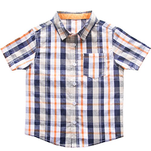 Bebone Kid Boy Summer Plaid Short Sleeve Cotton Shirt(Orange,3-4T)
