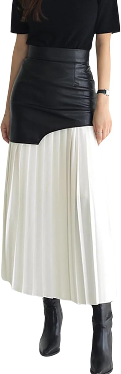 BAIMORE High Waist Faux PU Leather Pleated Midi Bodycon Skirt for Women
