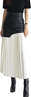 Women's Chic High Waist PU Leather Patchowrk Color Block Pleated Midi Hi...