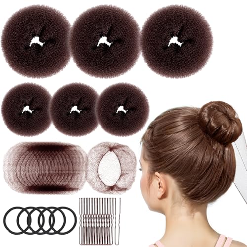 FANDAMEI 6 PCS Hair Bun Makers for Kids 10 Invisible Bun Nets for Ballet Girls 3PCS Extra Small 3PCS Small Donut Buns for Hair Kids Bun Makers Hair Nets for Buns with 5 Elastics 20 Pins (Brown)