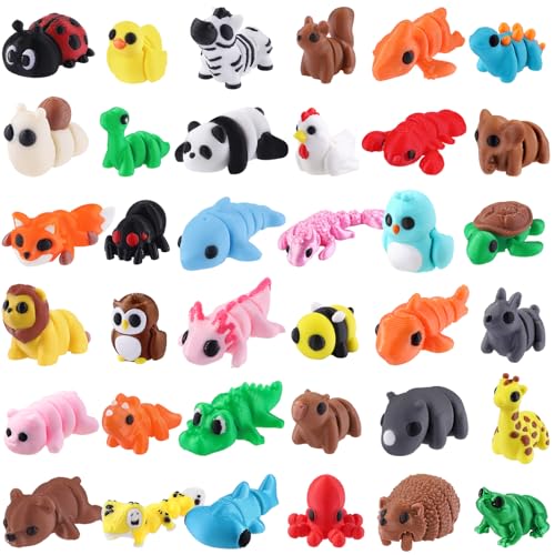 XIMISHOP 36Pcs 3D Printed Mini AnimalsCute Flexible Movable Joint 3D Printed Animal Fidget Toy for Home Office Desk Decoration Kids Party Favors Toys Two sizes