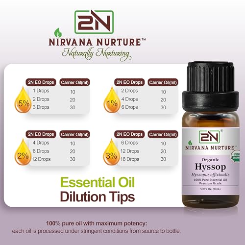 Nirvana Nurture Hyssop Essential Oil, USDA Certified Organic, 100% Pure Undiluted, Aromatherapy Oil for Diffuser, Hair & Skin Care