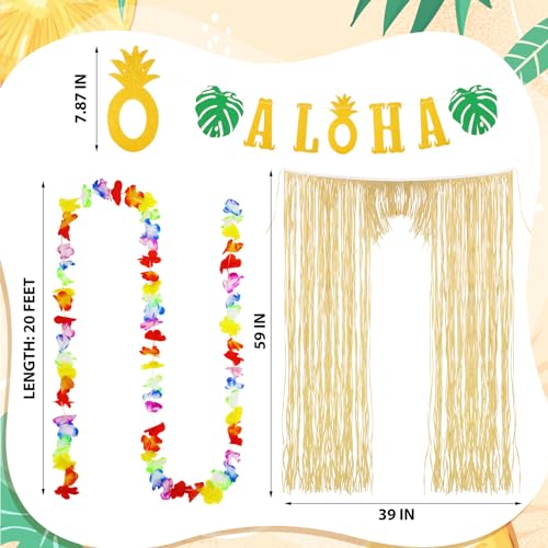 Image of Dingion 4 Pcs Hawaiian Aloha Party Decor Luau Theme Party Supply Tiki Decor Summer Raffia Door Curtain, Gold Glittery Aloha Banner, 2 Tropical Luau Leis for Hawaiian Holiday Birthday Wedding Beach