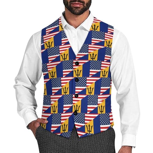 U.S. And Barbados Flag Suit Vest for Men Slim Fit Tuxedo Waistcoat Button Down V Neck Business Dress Coat