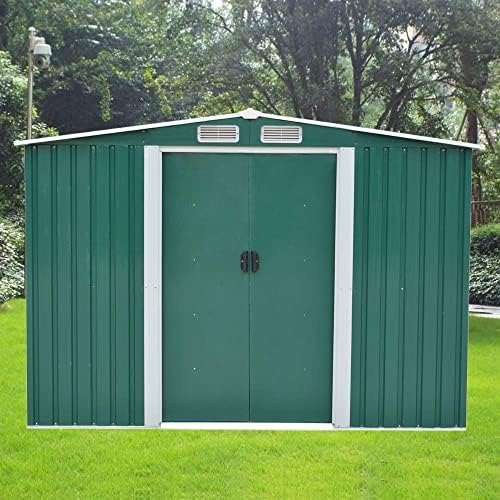 Garden Sheds Tool Storage House Metal Garden Apex Roof Storage Shed Door On 8FT Side(Green, 8x6)