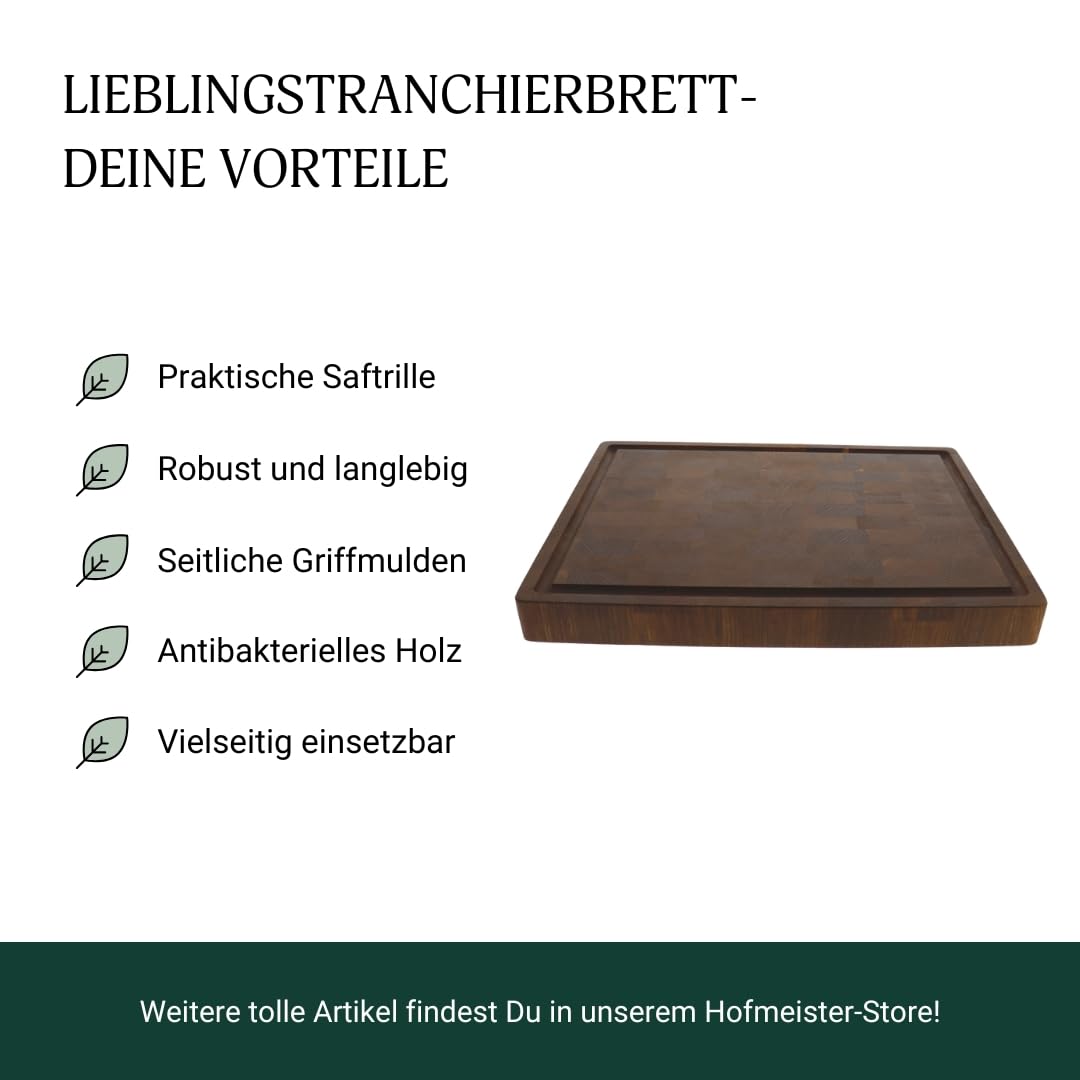 HOFMEISTER® Tranchierbrett aus Eiche geräuchert 40x30 cm – massives Stirnholz Schneidebrett mit Saftrille & Griffmulden – Robustes Holzbrett zum Schneiden & Servieren