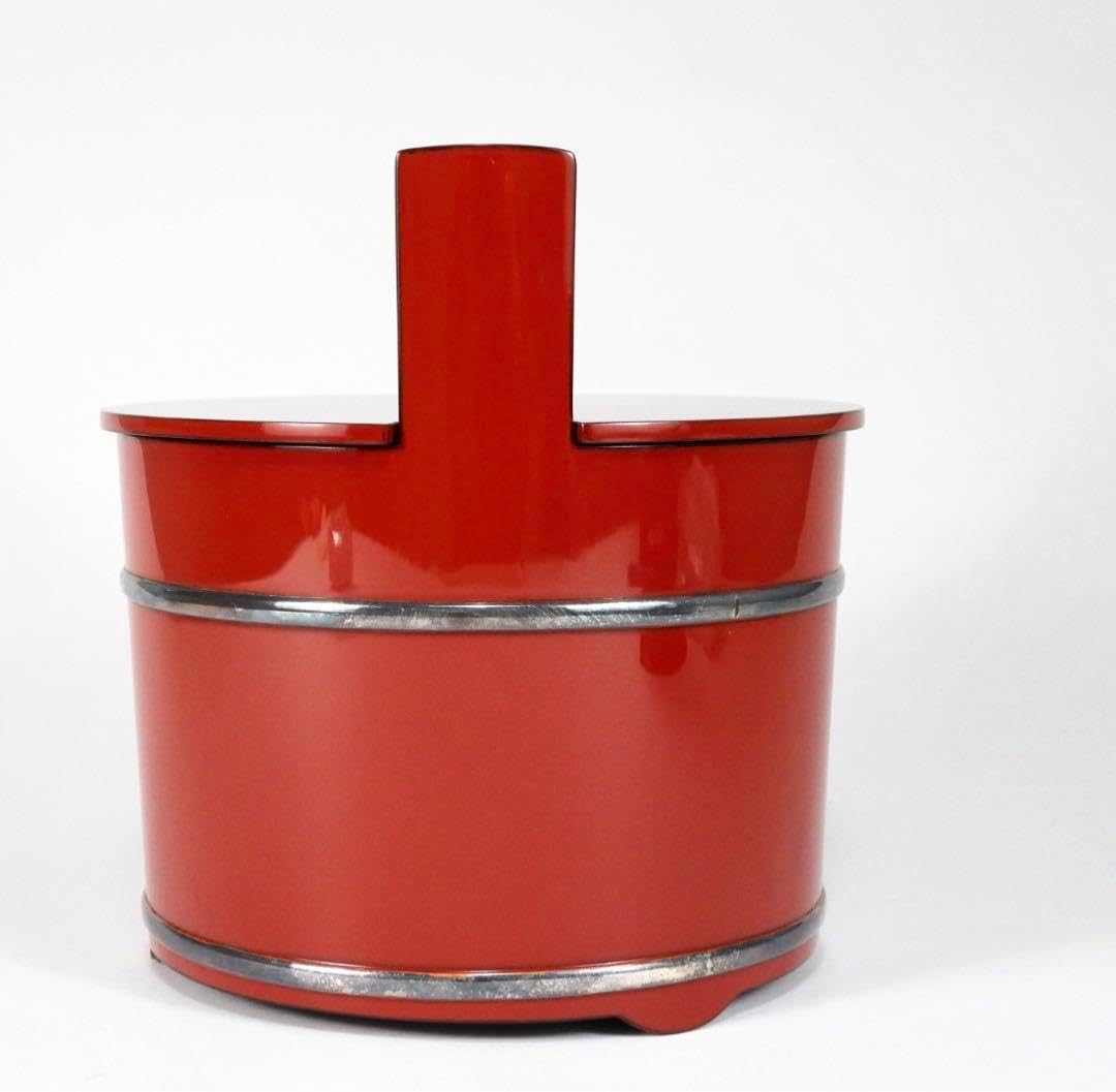 木製　輪島塗　銀輪線　朱漆塗り　手桶水指　共箱　茶道具 木製 輪島塗 銀輪線 朱漆塗り 手桶水指 共箱 茶道具 輪島塗 朱手桶水