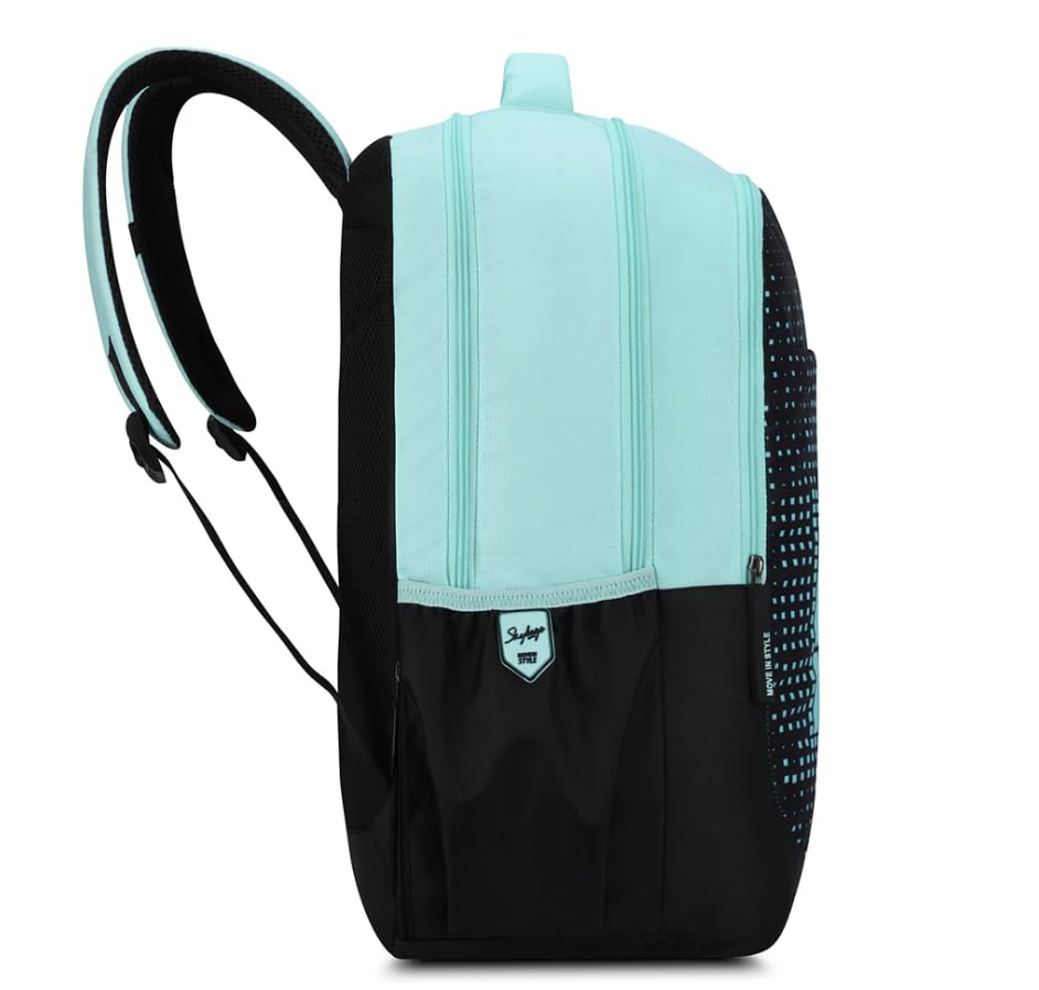 Image of Skybags Klan Plus V2 3 Compartment Backpack, Mint Blue And Black, Digital Pattern Design