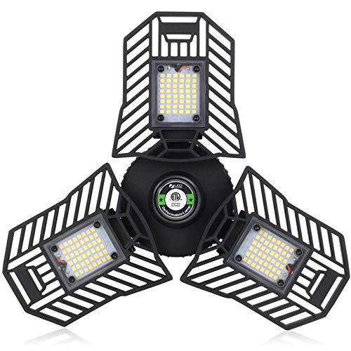 Garage Led Ceiling Lights Deformable 60W Screw in LED Garage Light 6000Lumen 6000K Three Leaf Garage Light for Garage Basement Workshop,ETL Approved(No Motion Sensor)