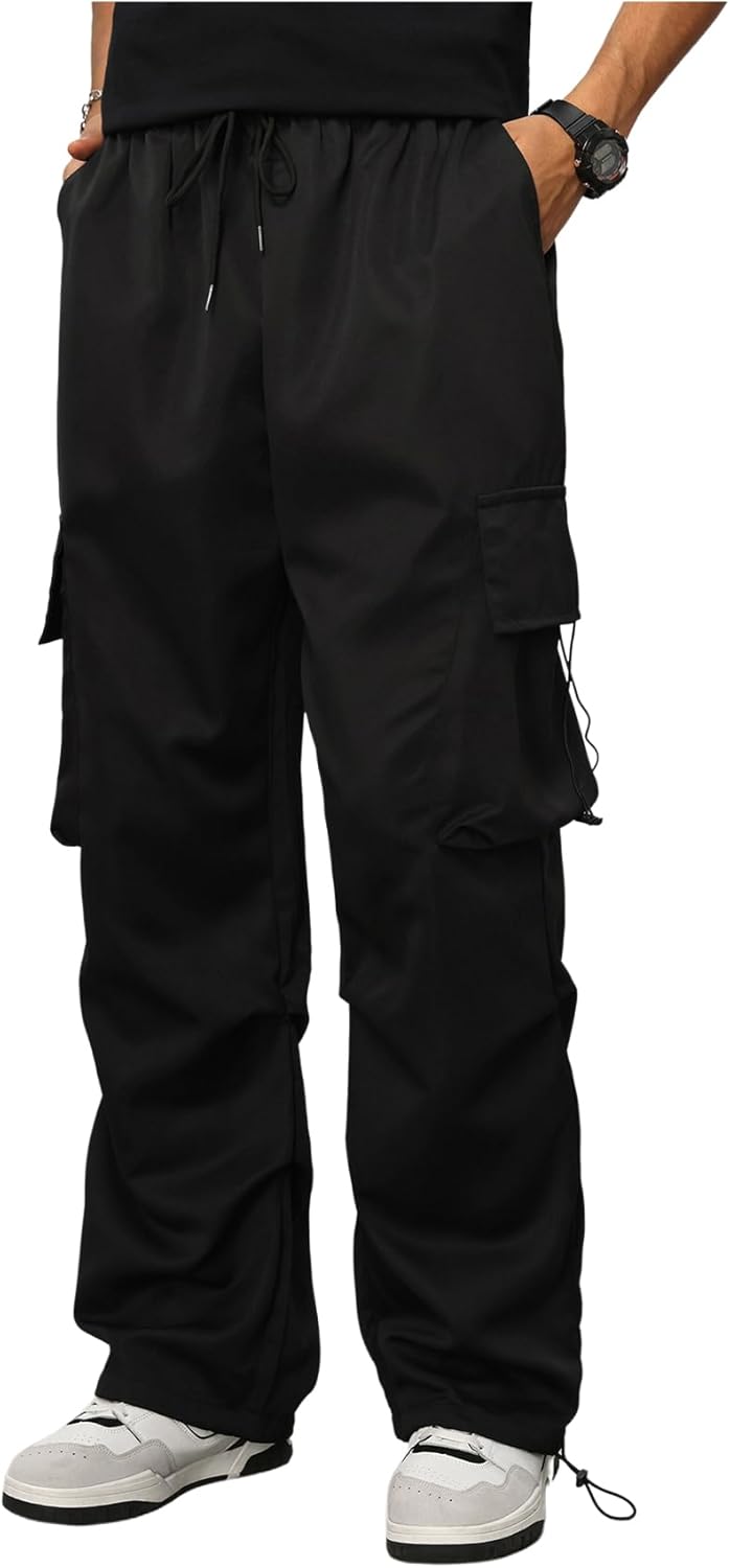 GORGLITTER Men's Parachute Cargo Pants Jogger with Pockets Baggy Wide Leg Open Bottom Elastics Waisted Loose Sweatpants